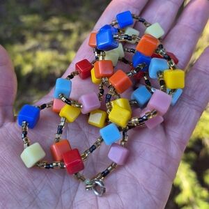 Harlequin Bohemian Czech Glass Colorful Cubes Art Deco Vintage Necklace